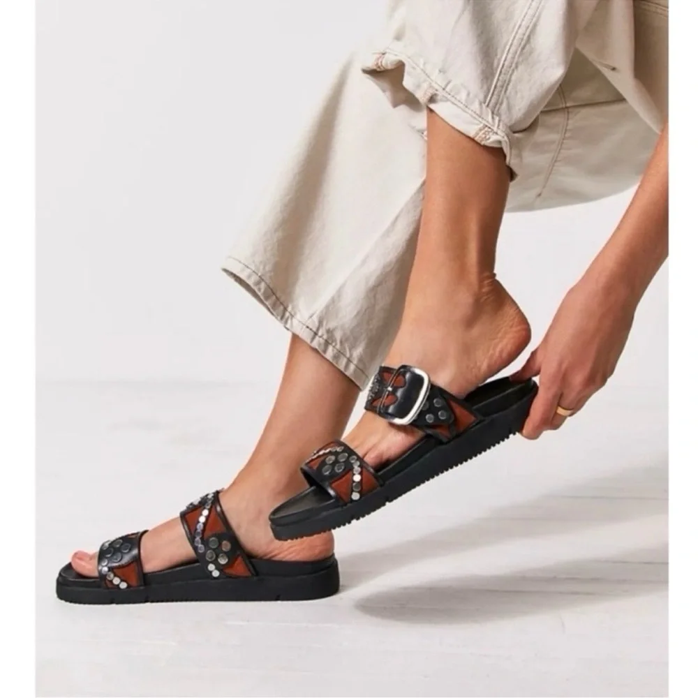 New Free People Revelry Studded Leather Buckle Sandals Black Size 8